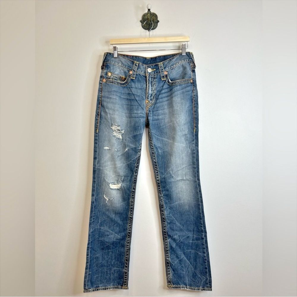 True Religion Men's Jeans Straight Old Multi Wheat BigT Distressed 101122 33x33